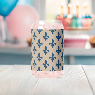 Fleur de Lis Pattern, Royal French Blue on Cream Can Glass