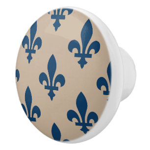 Fleur de Lis Pattern, Royal French Blue on Cream Ceramic Knob