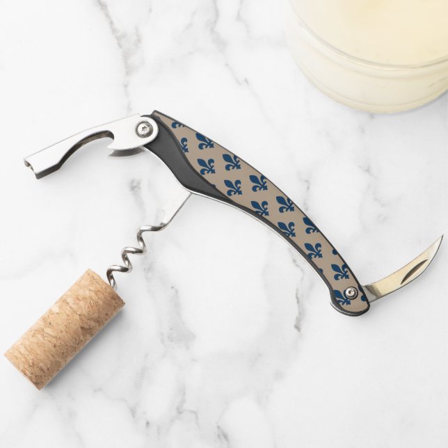 Fleur de Lis Pattern, Royal French Blue on Cream Corkscrew (Front)