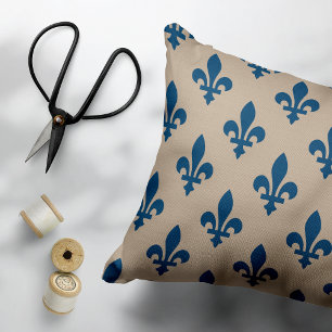 Fleur de Lis Pattern, Royal French Blue on Cream Decorative Cushion