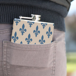 Fleur de Lis Pattern, Royal French Blue on Cream Hip Flask