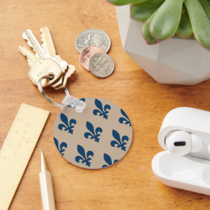Fleur de Lis Pattern, Royal French Blue on Cream Key Ring