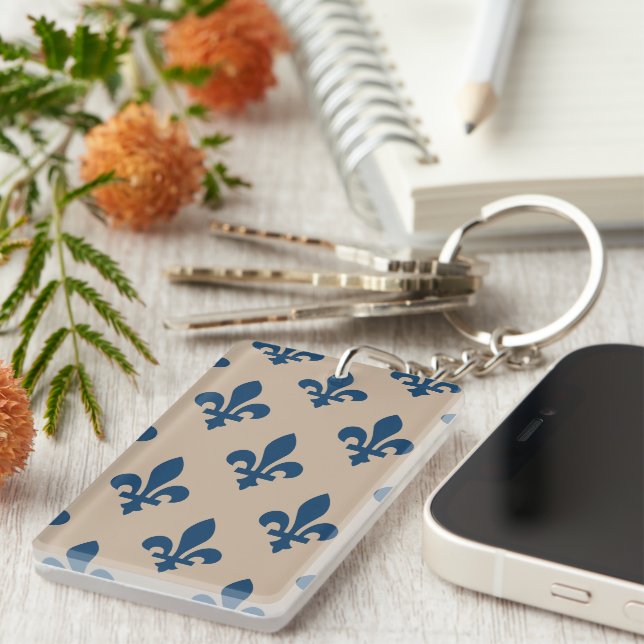 Fleur de Lis Pattern, Royal French Blue on Cream Key Ring (Front Right)