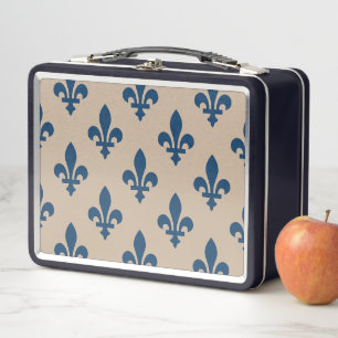 Fleur de Lis Pattern, Royal French Blue on Cream Metal Lunch Box
