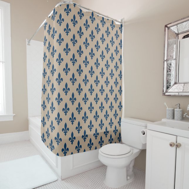 Fleur de Lis Pattern, Royal French Blue on Cream Shower Curtain (In Situ)