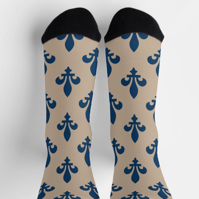 Fleur de Lis Pattern, Royal French Blue on Cream Socks (Top)
