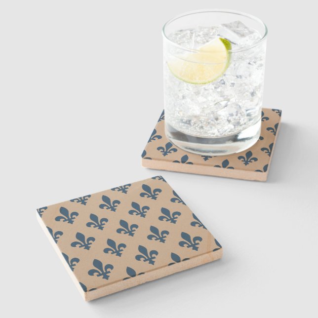 Fleur de Lis Pattern, Royal French Blue on Cream Stone Coaster (Side)