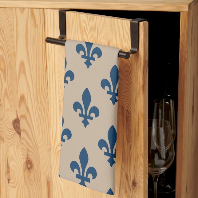 Fleur de Lis Pattern, Royal French Blue on Cream Tea Towel (Thirds Fold)