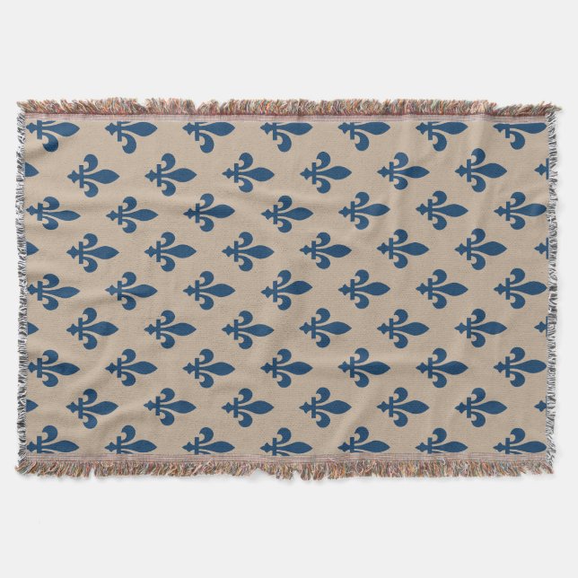 Fleur de Lis Pattern, Royal French Blue on Cream Throw Blanket (Front)