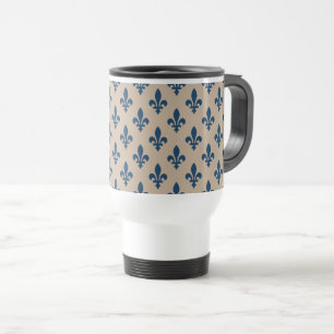 Fleur de Lis Pattern, Royal French Blue on Cream Travel Mug