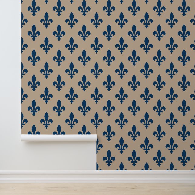 Fleur de Lis Pattern, Royal French Blue on Cream Wallpaper (Application)