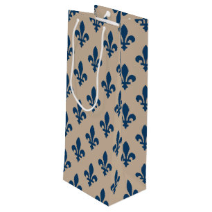 Fleur de Lis Pattern, Royal French Blue on Cream Wine Gift Bag