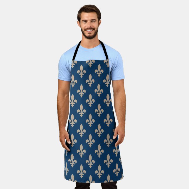 Fleur de Lis Pattern, Royal French, Cream on Blue Apron (Worn)
