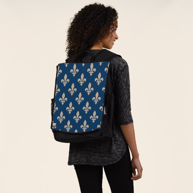 Fleur de Lis Pattern, Royal French, Cream on Blue Backpack (Worn)