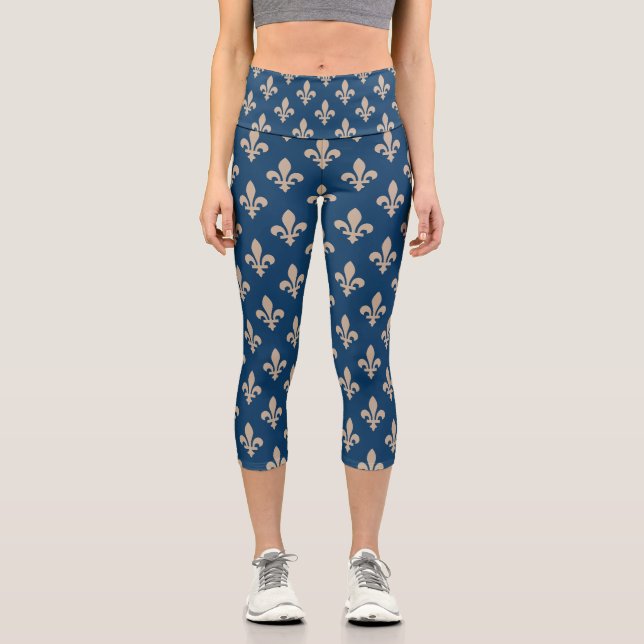 Fleur de Lis Pattern, Royal French, Cream on Blue Capri Leggings (Front)