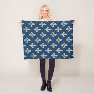 Fleur de Lis Pattern, Royal French, Cream on Blue Fleece Blanket