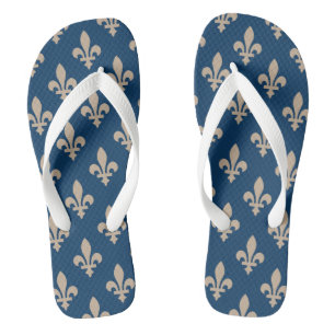 Fleur de Lis Pattern, Royal French, Cream on Blue Flip Flops