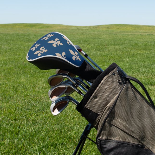 Fleur de Lis Pattern, Royal French, Cream on Blue Golf Head Cover (In Situ)