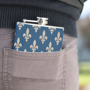 Fleur de Lis Pattern, Royal French, Cream on Blue Hip Flask