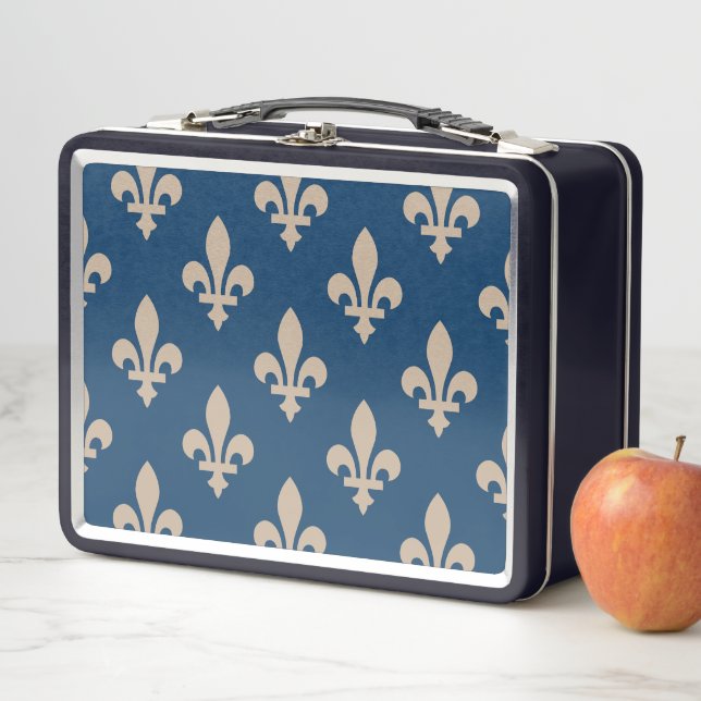 Fleur de Lis Pattern, Royal French, Cream on Blue Metal Lunch Box (In Situ)