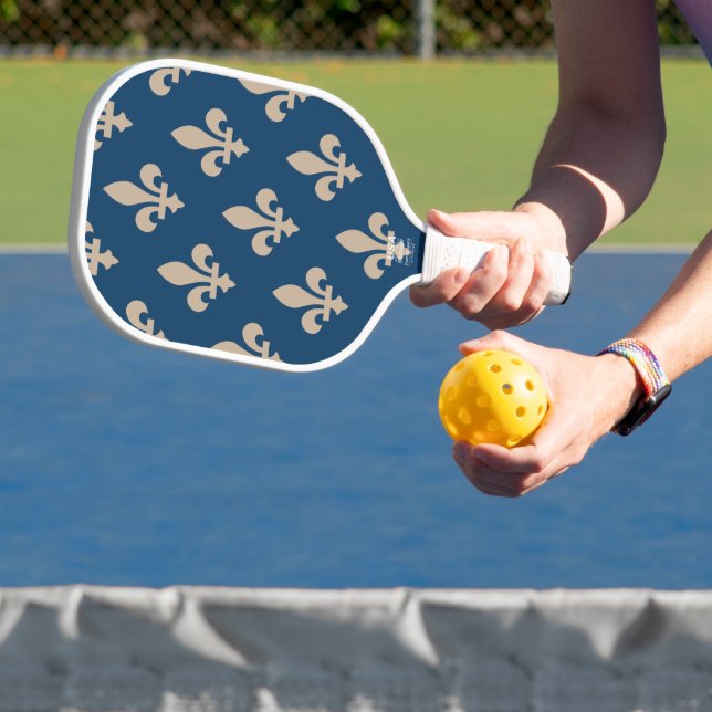 Fleur de Lis Pattern, Royal French, Cream on Blue Pickleball Paddle (Insitu)