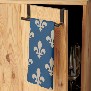 Fleur de Lis Pattern, Royal French, Cream on Blue Tea Towel