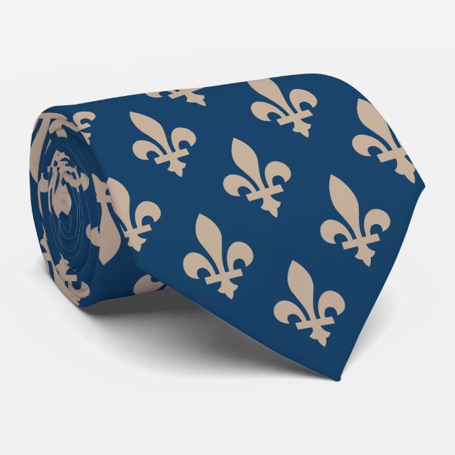 Fleur de Lis Pattern, Royal French, Cream on Blue Tie (Rolled)