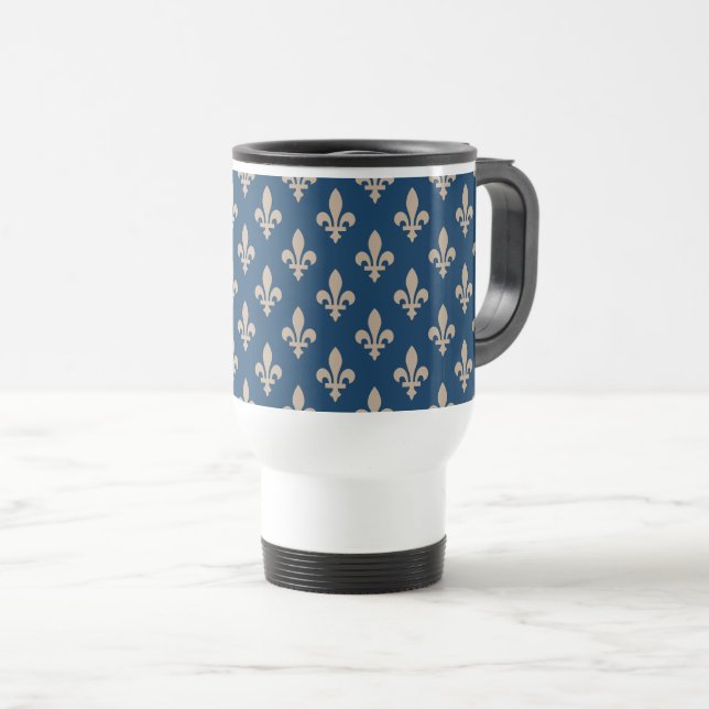 Fleur de Lis Pattern, Royal French, Cream on Blue Travel Mug (Front Right)