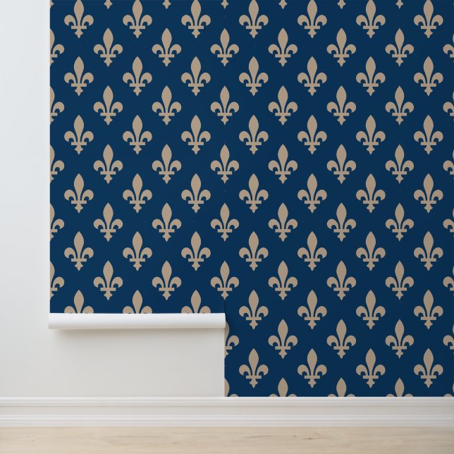 Fleur de Lis Pattern, Royal French, Cream on Blue Wallpaper (Application)