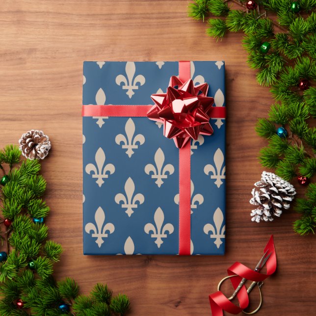 Fleur de Lis Pattern, Royal French, Cream on Blue Wrapping Paper (Holiday Gift)
