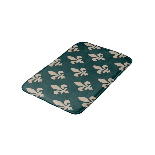Fleur de Lis Pattern, Royal French Cream on Green Bath Mat (Angled)