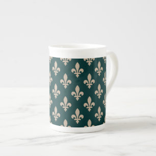 Fleur de Lis Pattern, Royal French Cream on Green Bone China Mug