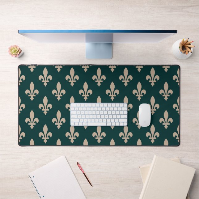 Fleur de Lis Pattern, Royal French Cream on Green Desk Mat (Office 1)
