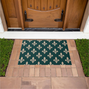 Fleur de Lis Pattern, Royal French Cream on Green Doormat