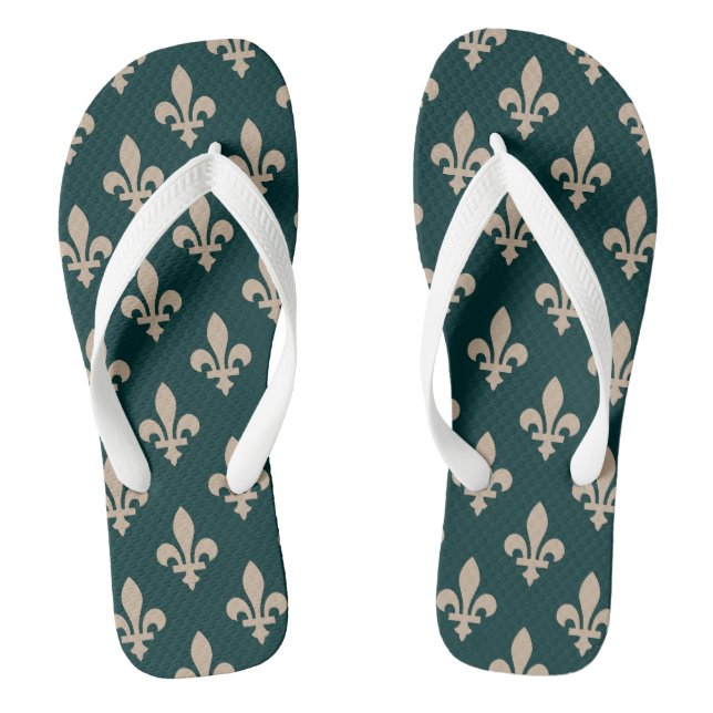 Fleur de Lis Pattern, Royal French Cream on Green Flip Flops (Footbed)