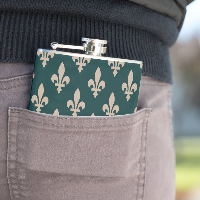 Fleur de Lis Pattern, Royal French Cream on Green Hip Flask (In Situ)