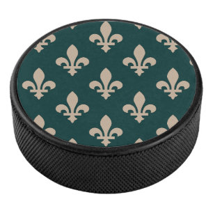 Fleur de Lis Pattern, Royal French Cream on Green Hockey Puck