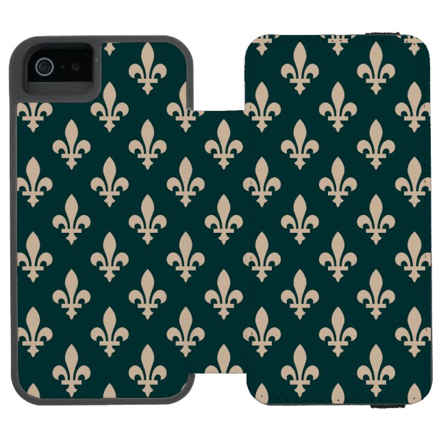Fleur de Lis Pattern, Royal French Cream on Green Incipio iPhone Wallet Case (Folio Open)