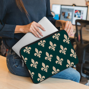 Fleur de Lis Pattern, Royal French Cream on Green Laptop Sleeve