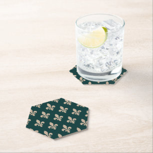 Fleur de Lis Pattern, Royal French Cream on Green Paper Coaster