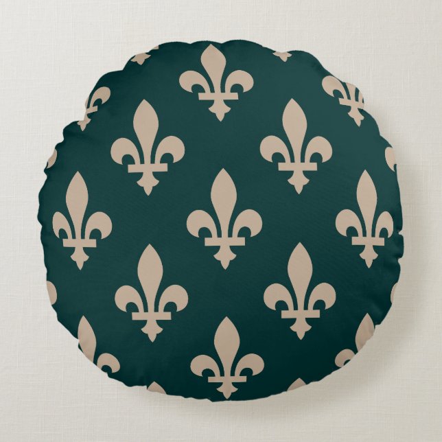 Fleur de Lis Pattern, Royal French Cream on Green Round Cushion (Front)