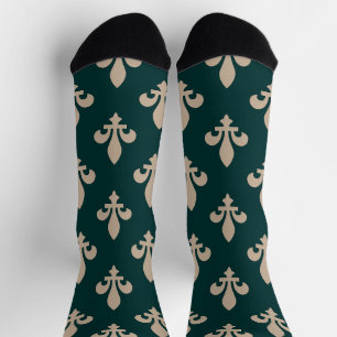 Fleur de Lis Pattern, Royal French Cream on Green Socks