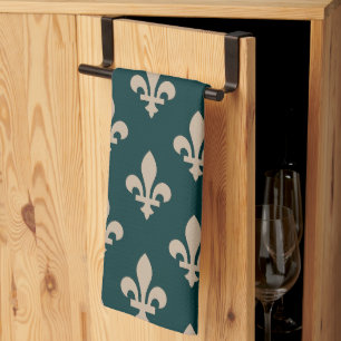 Fleur de Lis Pattern, Royal French Cream on Green Tea Towel