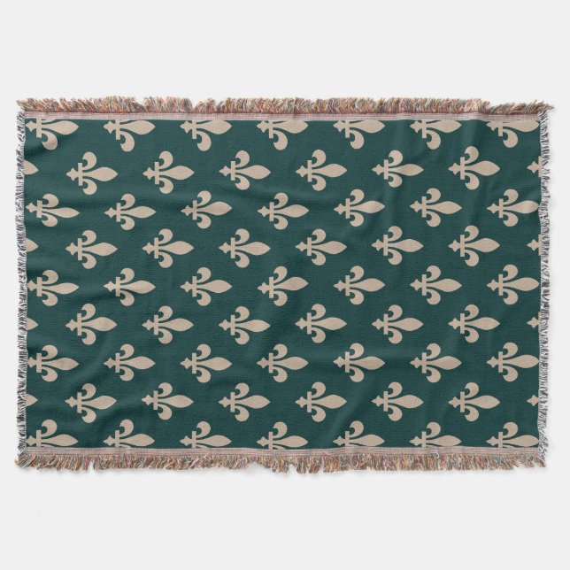 Fleur de Lis Pattern, Royal French Cream on Green Throw Blanket (Front)