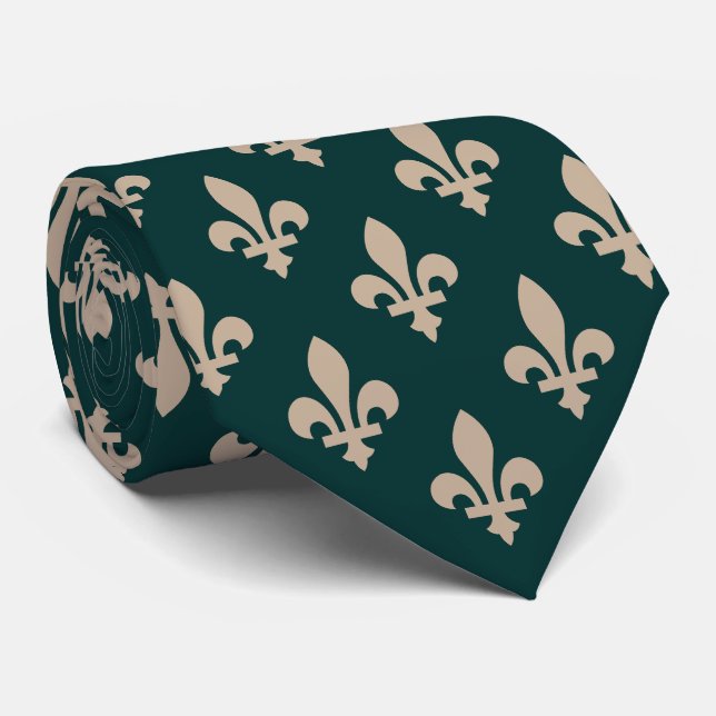 Fleur de Lis Pattern, Royal French Cream on Green Tie (Rolled)