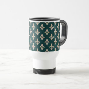 Fleur de Lis Pattern, Royal French Cream on Green Travel Mug