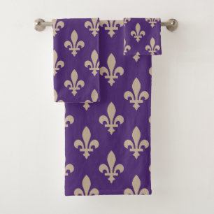 Fleur de Lis Pattern, Royal French Cream on Purple Bath Towel Set