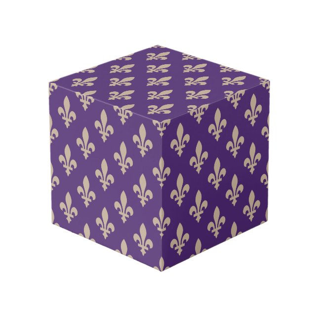 Fleur de Lis Pattern, Royal French Cream on Purple Cube (Front Angled)