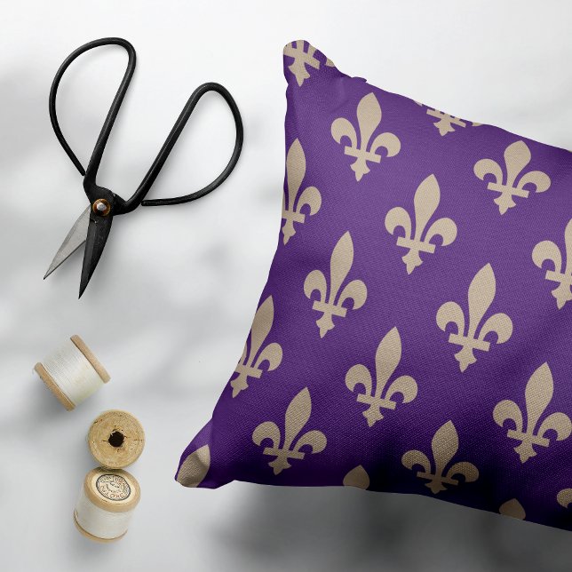 Fleur de Lis Pattern, Royal French Cream on Purple Decorative Cushion (Creator Uploaded)