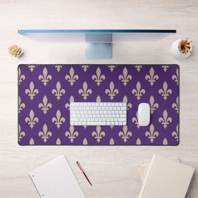 Fleur de Lis Pattern, Royal French Cream on Purple Desk Mat (Office 1)